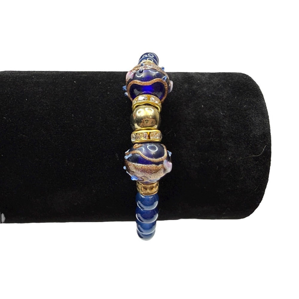 Blue Lampwork Glass Beaded Bracelet Gold Rhinestone Accents Stretch Band Jewelry